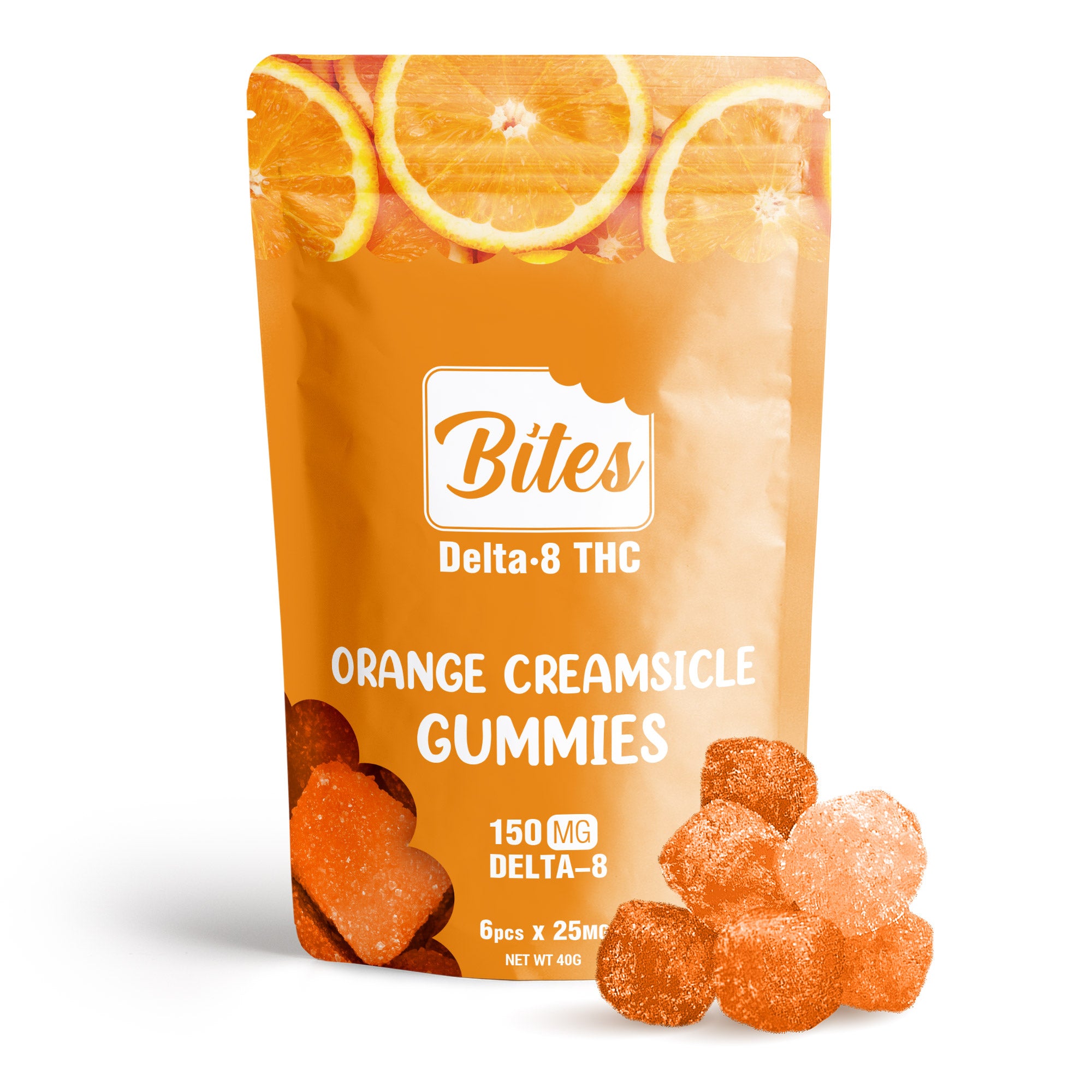 Bites Delta-8 - Orange Creamsicle Gummies / 25mg per gummy / 6 gummies per pouch / 150mg per pouch / 12 pouches in box ($5.00 per pouch)