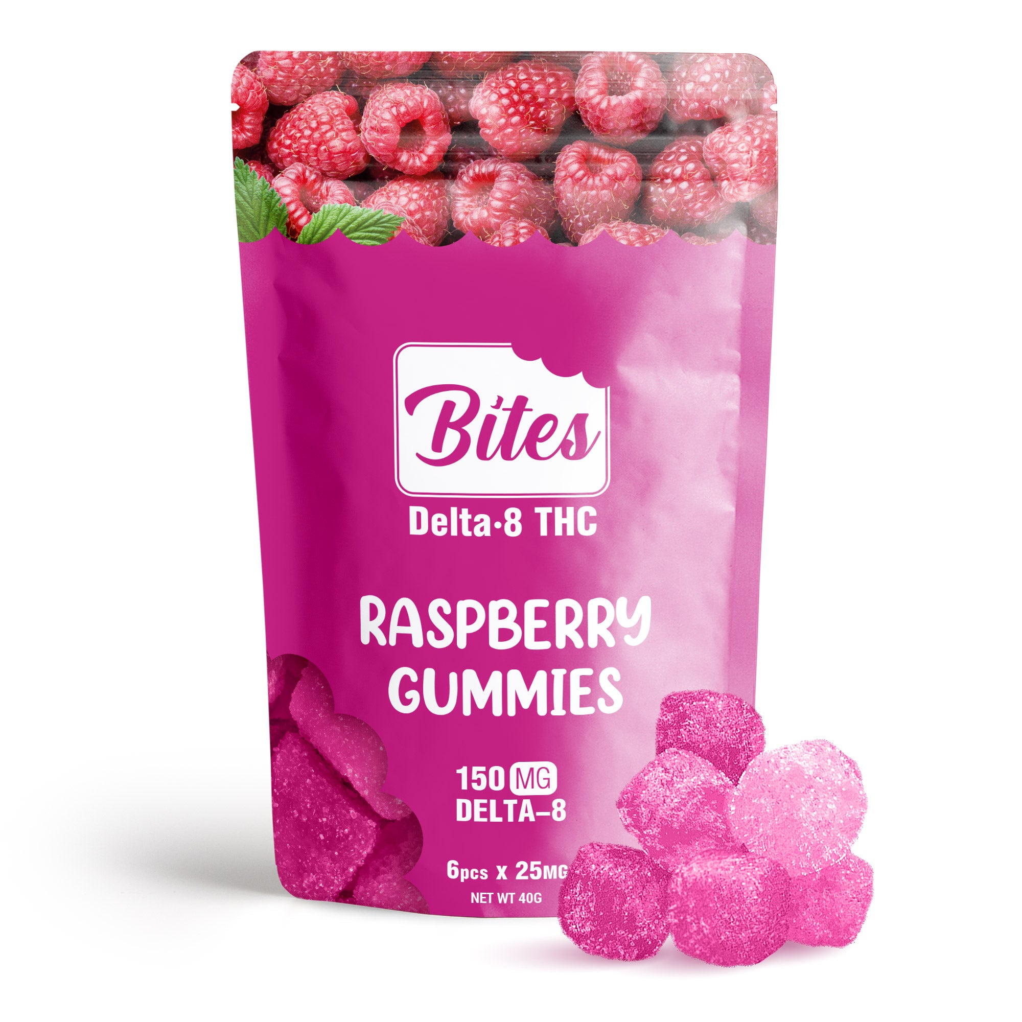 Bites Delta-8 - Raspberry Gummies / 25mg per gummy / 6 gummies per pouch / 150mg per pouch / 12 pouches in box ($5.00 per pouch)